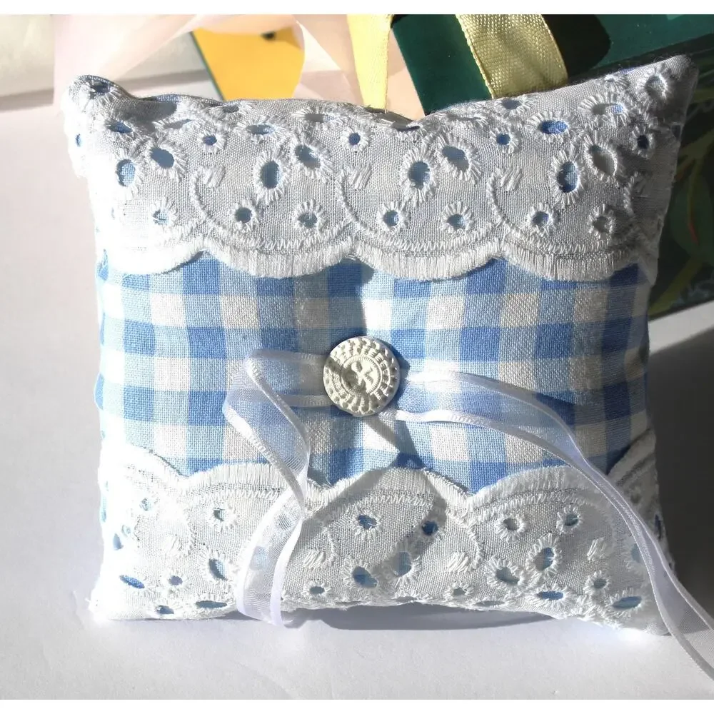 Handmade Lace Ring Bearer Pillow: Gingham Wedding Ring Cushion